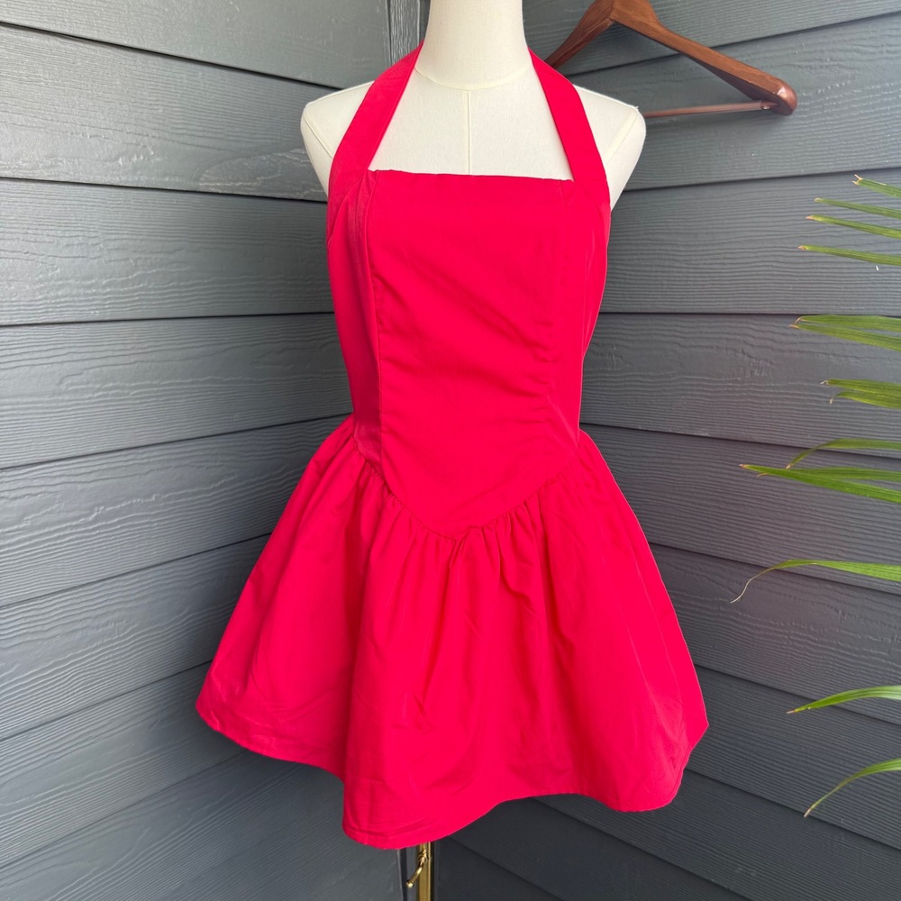 Tomato Red Halter Fit Flare Mini Dress Womens S Corset Bodice Pinup Prom Formal